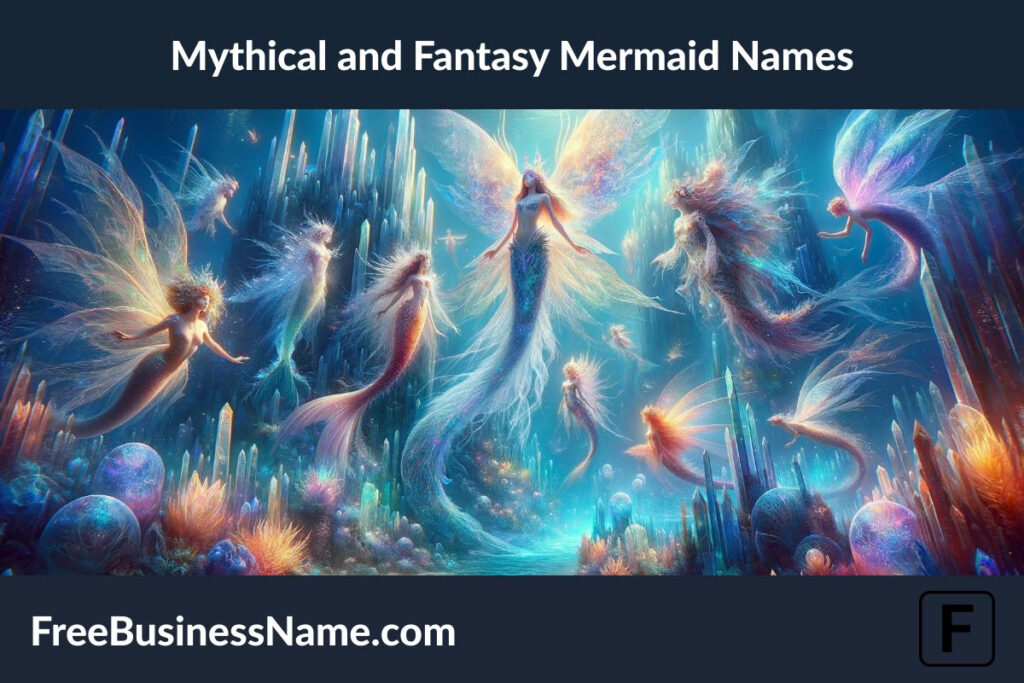 a cinematic image inspired by mythical and fantasy mermaid names has been crafted, showcasing a breathtaking underwater realm where the boundaries between the real and the fantastical blur. This scene invites you into a world of ethereal beauty and majesty, alive with the stories and legends of mythical mermaids and their kin.