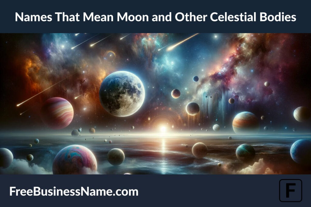 a cinematic image that captures the essence of names meaning "moon" and other celestial bodies. It features a cosmic landscape where the moon, planets, and stars form a harmonious composition, set against a backdrop of colorful nebulas and distant galaxies. This scene aims to evoke awe and inspiration, highlighting the majestic and mystical connections between these celestial-inspired names and the vast cosmos.