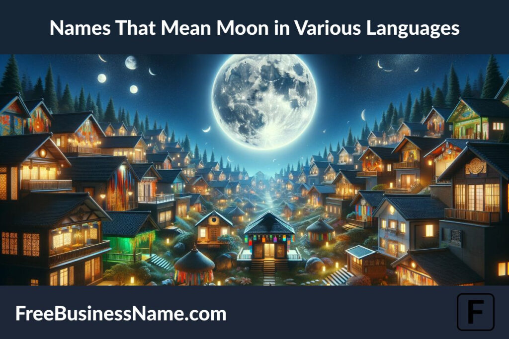 an image that reflects the beauty of names that mean "moon" across various languages, depicted through a global village at night. Each house represents a different culture, illuminated under the glow of a captivating full moon, showcasing unity in diversity. This scene embodies the universal connection humans have with the moon, highlighting peace, unity, and global harmony through the lens of cultural symbols and the natural beauty of the night.