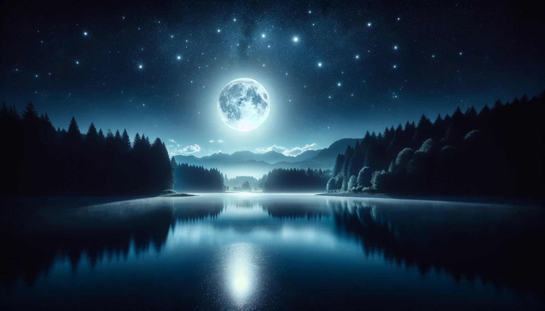 a cinematic image inspired by the theme of names that mean "moon". It captures a serene landscape at night, illuminated by the gentle glow of a full moon over a tranquil lake, surrounded by forests and distant mountains. The scene is designed to evoke a sense of calm and wonder, perfectly embodying the mystical and tranquil essence of the moonlit night.