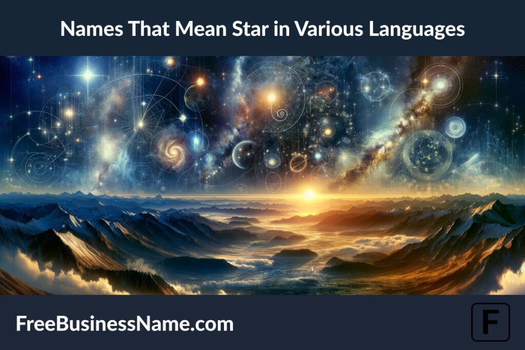 a cinematic image inspired by names that mean "star" in various languages is ready. It visualizes a harmonious gathering of celestial phenomena, capturing the universal admiration for stars across different cultures.