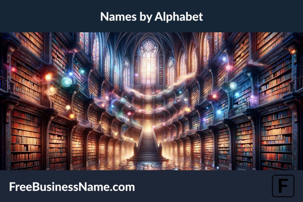 an image inspired by the concept of unique boy names from every letter of the alphabet, depicted as a vast, enchanting library. This scene invites you to explore the magic and possibilities that lie within names, without using any literal letters, numbers, or names.