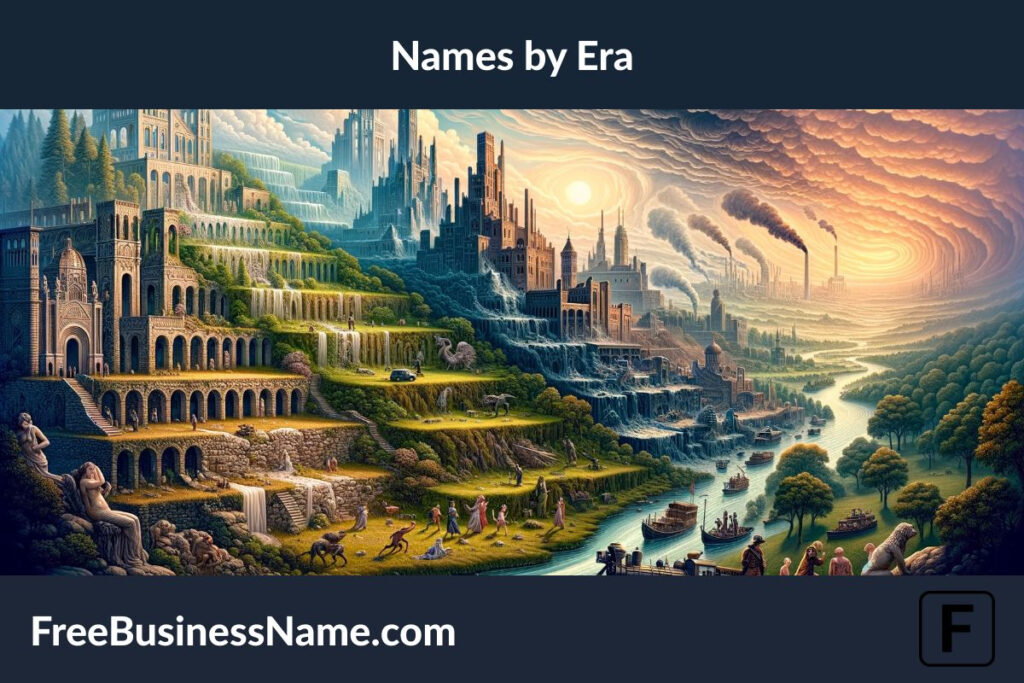 a timeless landscape that captures the essence of unique boy names through different historical eras. This scene takes you on a journey from the ancient ruins to the industrial revolution, showcasing the evolution of names.