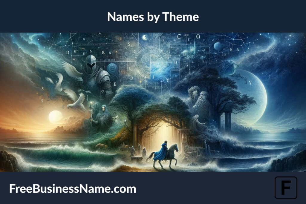 an image that embodies the concept of unique boy names by theme, depicted through a mystical scene where each element represents a different thematic inspiration. This scene invites you to explore the diverse and magical essence of names.