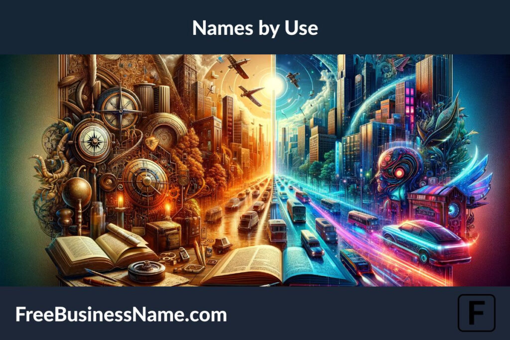 an image that encapsulates the evolution of unique boy names by use, from traditional origins to futuristic visions. This scene transitions from a classic, sepia-toned setting to a vibrant, contemporary urban landscape, and finally into a futuristic, neon-lit cityscape.