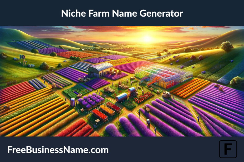 a cinematic image inspired by the Niche Farm Name Generator concept has been created. It vividly portrays a farm specializing in unique, niche products, bathed in the golden glow of a vibrant sunset, highlighting its distinctive focus and idyllic setting.
