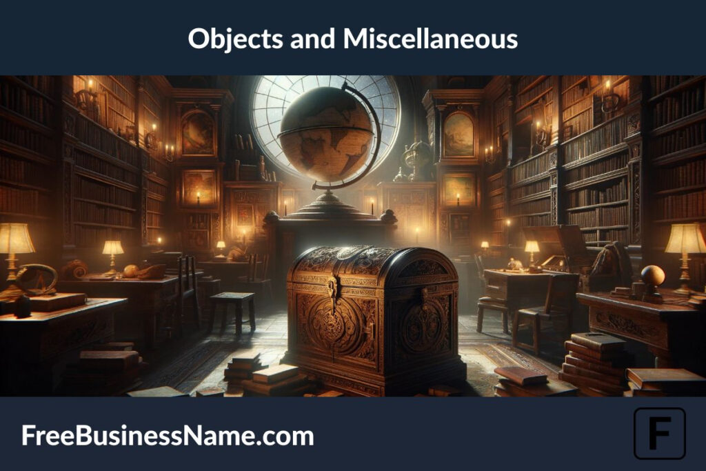 a cinematic image inspired by objects and miscellaneous elements is ready, capturing the ambiance of an old, dimly lit library filled with curiosity and wonder.