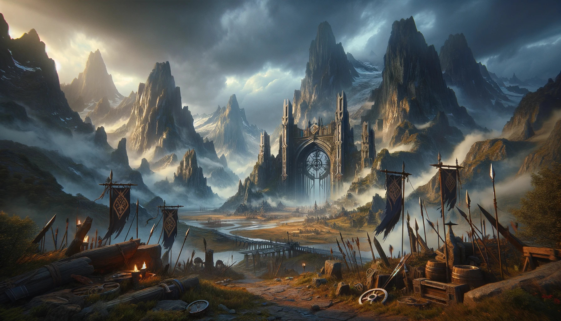 a cinematic image inspired by the themes often found in Orcish lore. It captures the essence of a mythical world with towering mountains, ancient ruins, and a landscape that speaks of epic tales and adventures. This atmospheric setting is devoid of any letters, numbers, or explicit names, inviting you to immerse yourself into its story. (Orc Name Generator)