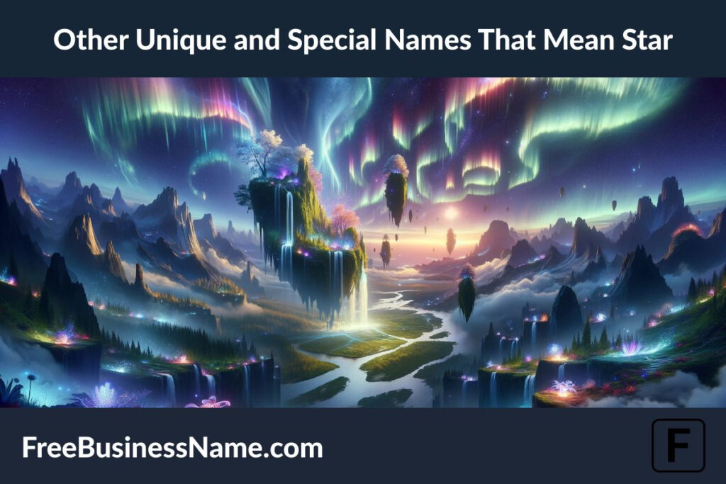 a cinematic image inspired by unique and special names that mean "star" has been created. It offers a glimpse into an enchanting and otherworldly landscape, designed to reflect the creativity and wonder these names embody.