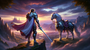 an image inspired by the concept of a paladin, capturing the essence of chivalry, courage, and guardianship. This cinematic scene showcases a paladin overlooking a vast kingdom at dusk, embodying the spirit of adventure and nobility.