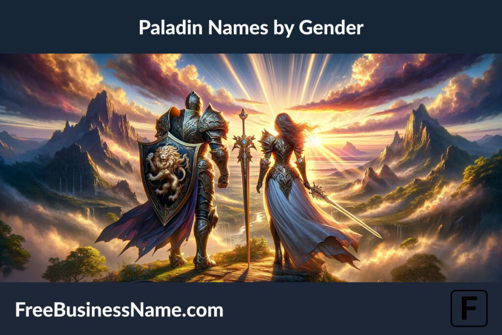 an image capturing the unity and distinct qualities of two paladins, one male and one female, as they stand together as protectors of the realm.