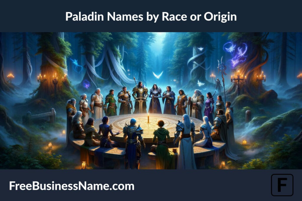 The image capturing a gathering of diverse paladins from various races and origins, united around a round table in an ancient forest, has been created. This scene highlights the essence of camaraderie, diversity, and unity in facing common challenges.