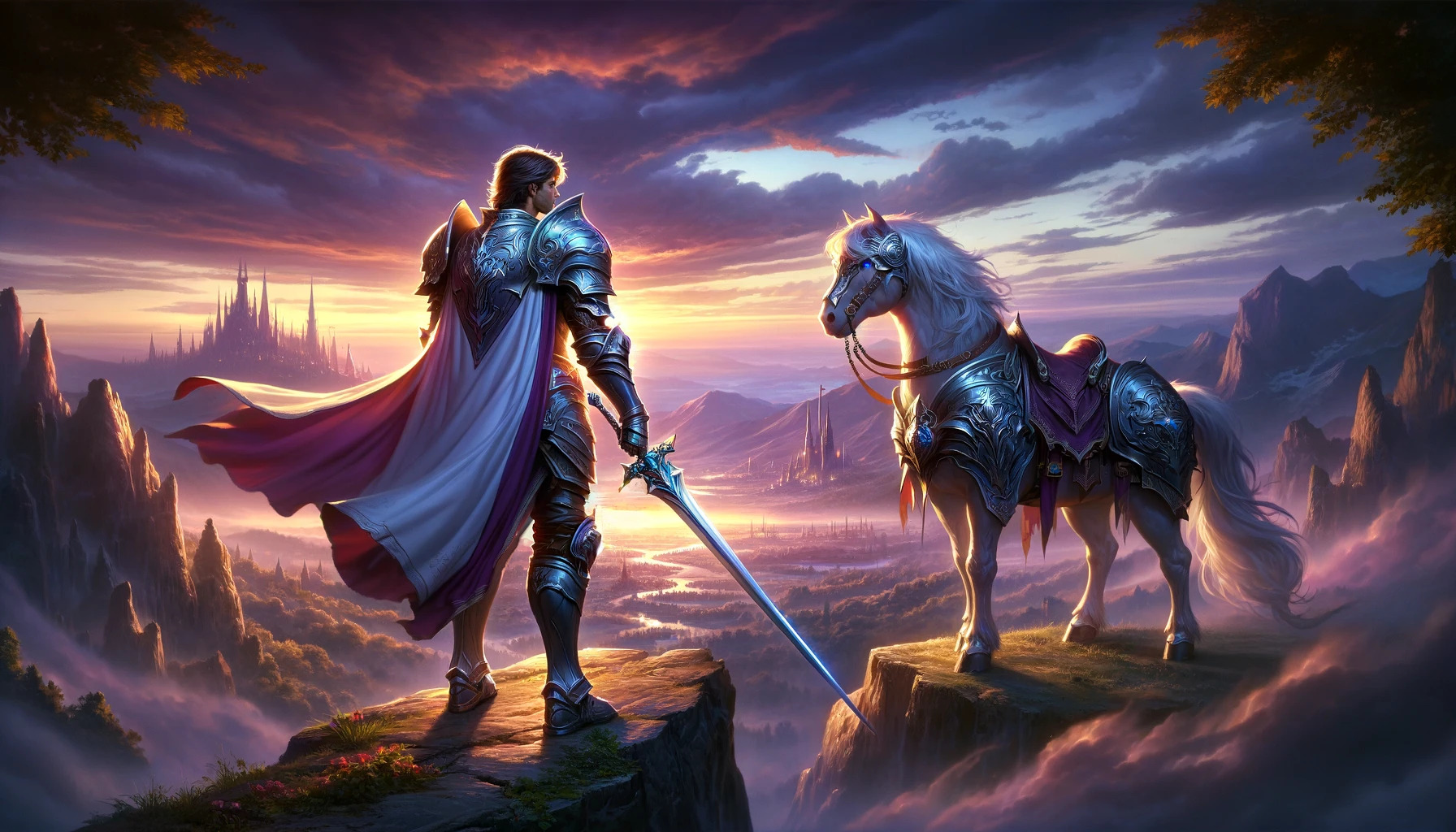 an image inspired by the concept of a paladin, capturing the essence of chivalry, courage, and guardianship. This cinematic scene showcases a paladin overlooking a vast kingdom at dusk, embodying the spirit of adventure and nobility.