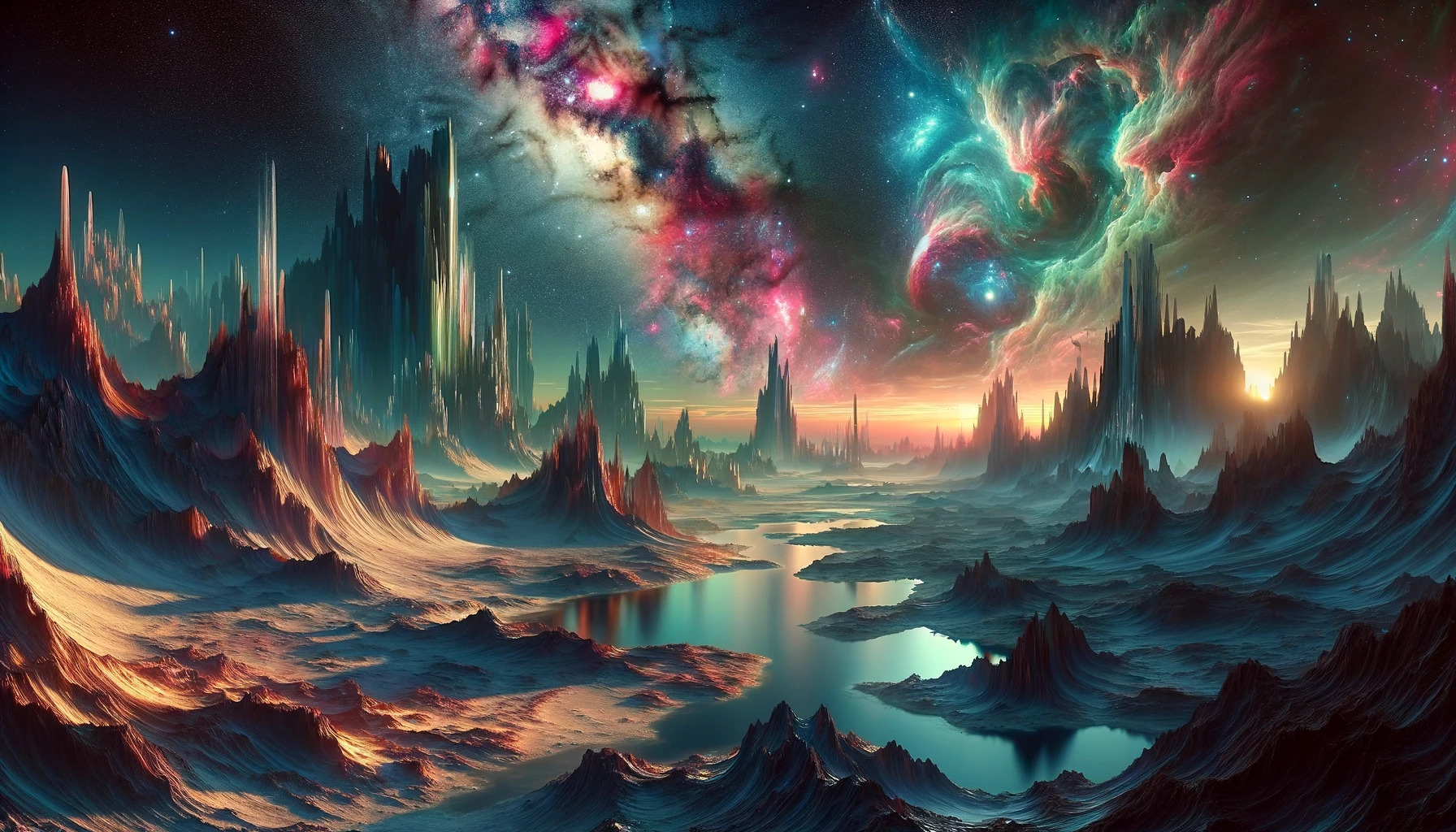 a cinematic image inspired by the concept of an uncharted planet. This artwork invites you into an imaginative world far beyond our own, where the surreal landscape and cosmic wonders merge to evoke a sense of awe and exploration. (Planet Name Generator)