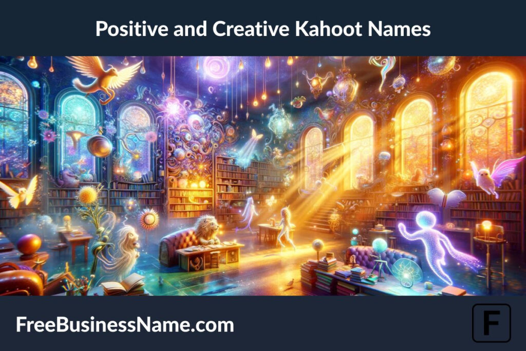 an image that captures the essence of Positive and Creative Kahoot Names, depicting a magical and inspiring setting. This scene is designed to evoke the wonder and imagination that come with selecting a unique and creative name.