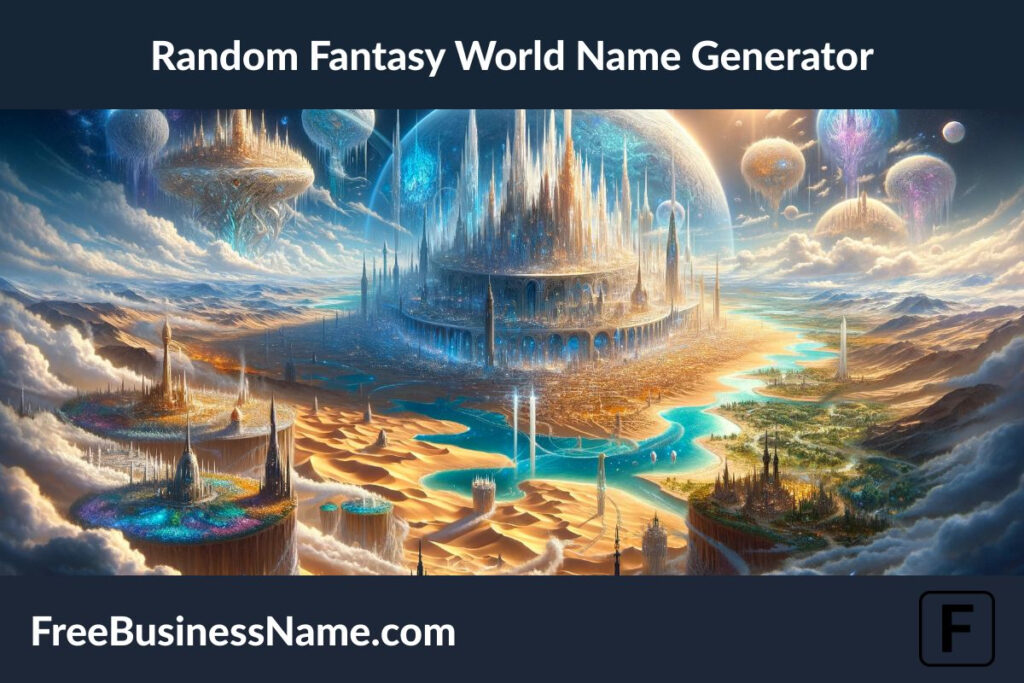 a cinematic image inspired by the Random Fantasy World Name Generator. This visualization presents a realm where the essence of fantasy permeates every corner, from a city floating among the clouds to a vast desert with hidden magic, a vibrant oasis, and a kingdom of ice. This world is a diverse tapestry of fantastical biomes, each inviting adventurers to uncover its secrets and marvels.