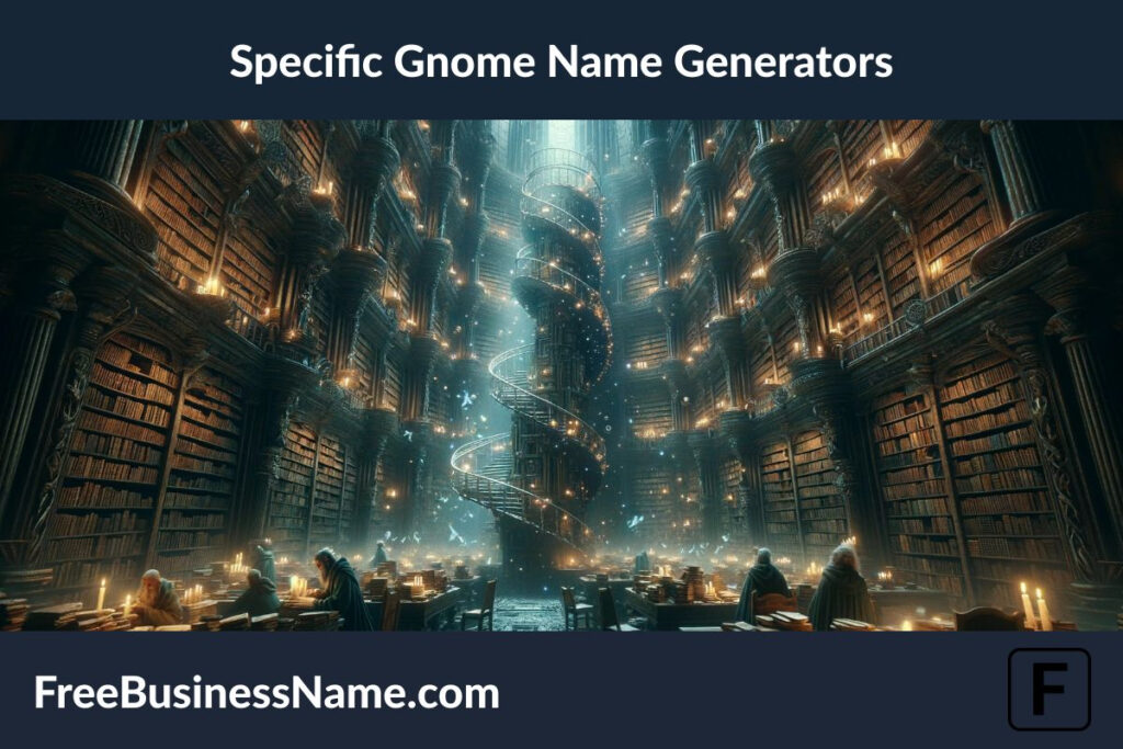 a cinematic image that brings to life an ancient library inspired by the Specific Gnome Name Generators. This scene unfolds in a mystical setting, where gnomes are immersed in the pursuit of knowledge and magic. Dive into the details and let your imagination wander through this enchanting library!