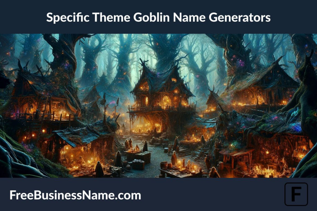 a cinematic image inspired by the intricate and thematic world of specific theme goblin name generators. Dive into an enchanted forest scene, where a unique goblin village thrives under the cover of twilight, illuminated by the magical glow of bioluminescent flora and fauna.