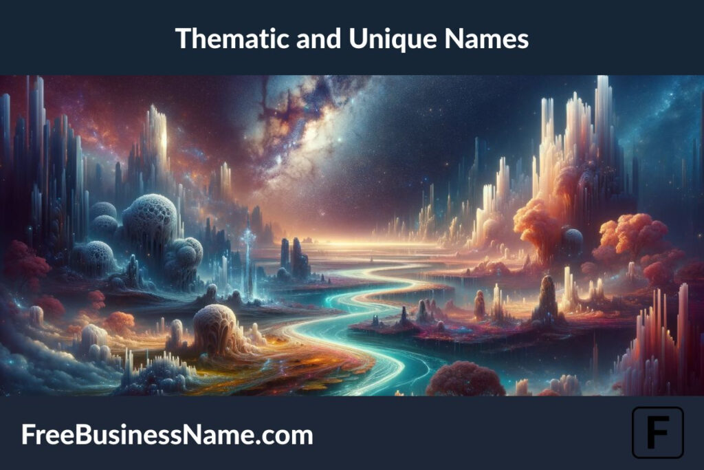 The cinematic image inspired by thematic and unique names has been crafted, weaving together abstract and concrete elements to capture the imagination and mystery behind such names in a dreamlike landscape.