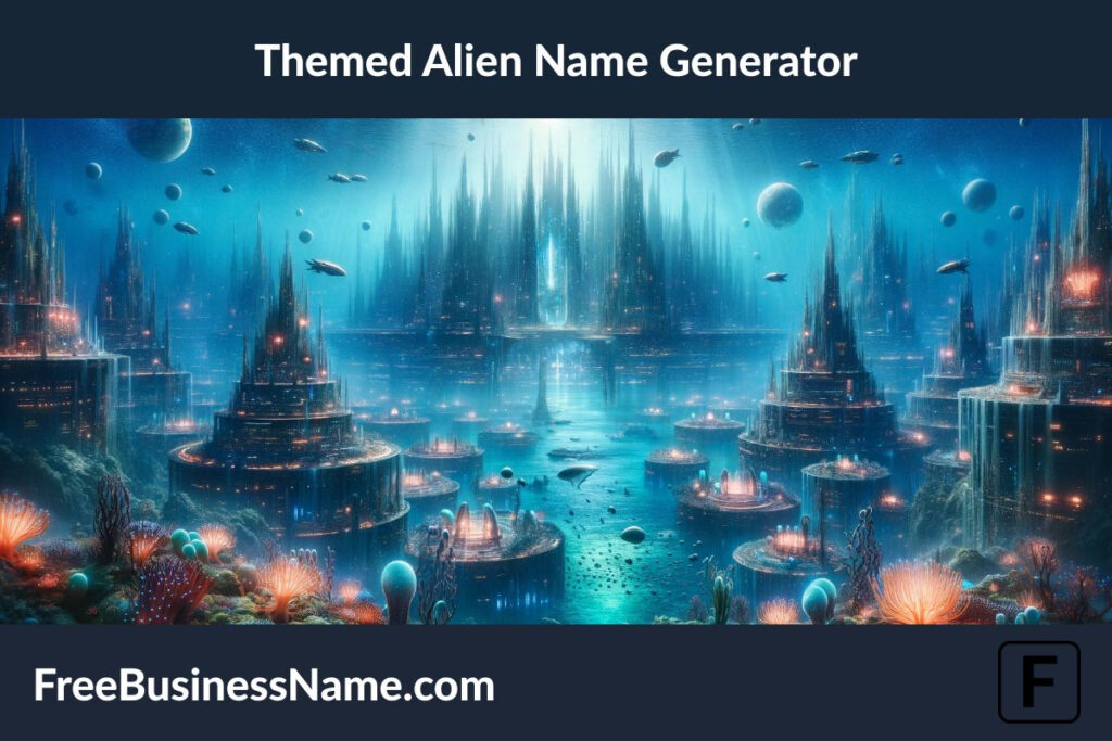 The cinematic image inspired by the concept of a Themed Alien Name Generator, with a focus on an oceanic world, has been created, showcasing an underwater civilization glowing with bioluminescent light amidst a vibrant ecosystem.