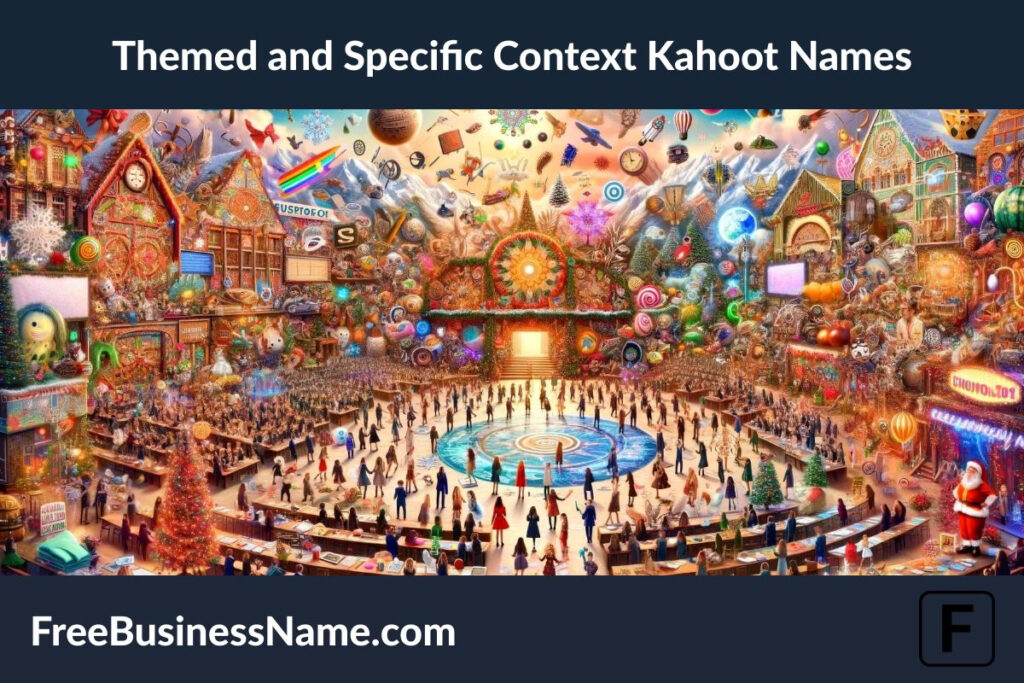an image that vividly captures the essence of themed and specific context Kahoot names through a colorful and festive scene, blending various cultural and thematic elements harmoniously.