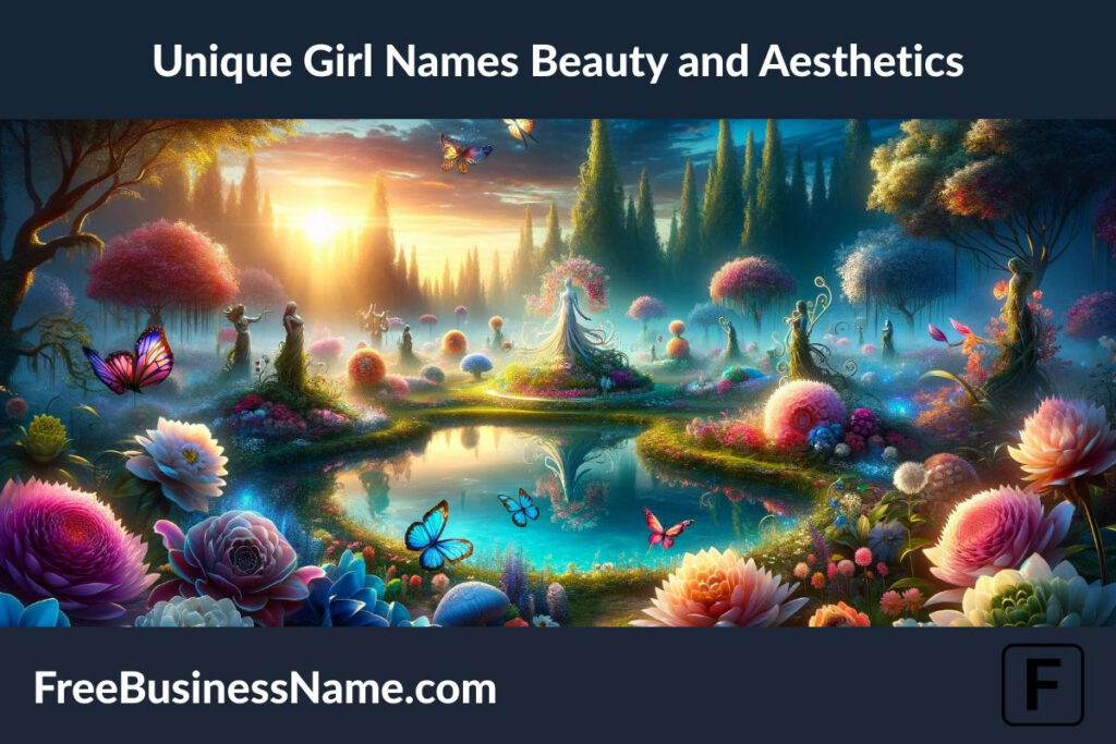 a whimsical and visually stunning image that draws inspiration from the beauty and aesthetics associated with unique girl names. This magical landscape at sunrise, with its vibrant colors and dynamic elements, is designed to evoke the creativity and diversity these names represent.