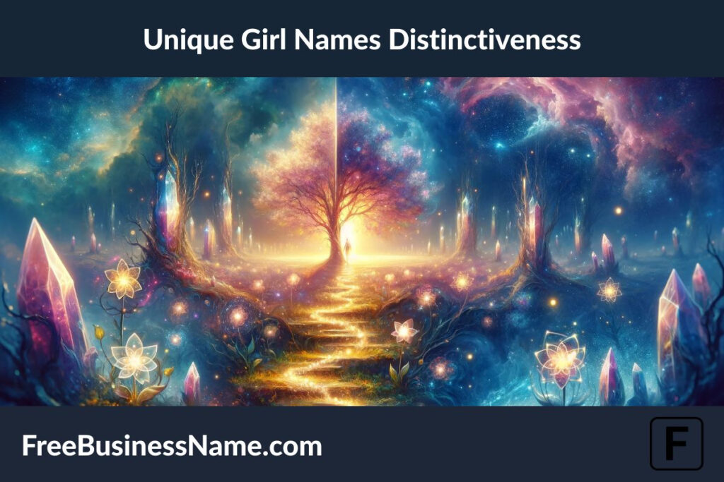 an image that captures the essence of uniqueness and distinctiveness found in girl names. This ethereal landscape, where the natural and supernatural merge, serves as a metaphor for the individuality and infinite possibilities that each unique name holds.