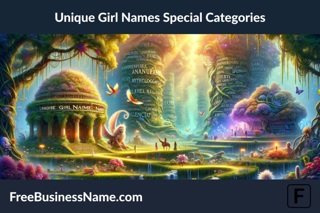 an imaginative scene that captures the essence of unique girl names across special categories, portrayed in a dreamlike landscape. This landscape features distinct areas dedicated to nature-inspired, mythological, and literary names, each with its own unique beauty and significance, inviting exploration into the variety of unique girl names.