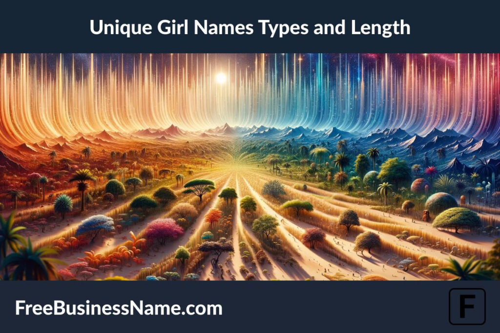 a visually stunning image that represents the diversity in types and lengths of unique girl names through an expansive, panoramic landscape. This landscape metaphorically transitions from dense jungles to sweeping savannahs and vast deserts, each embodying different name lengths and complexities, complemented by a sky filled with stars and celestial bodies that reflect the rhythm and flow of these names.