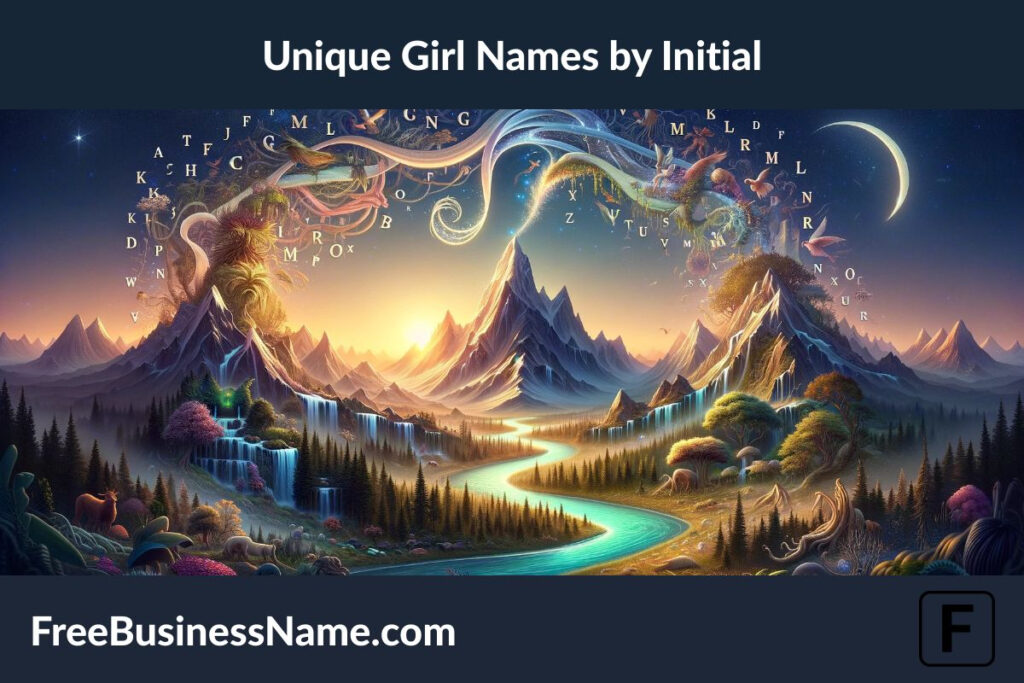 an image that embarks on a mystical journey through a landscape, symbolizing the diversity and creativity of unique girl names by their initials. This world, where each element from mountains to rivers and celestial bodies represents different initials, invites exploration into the vastness and beauty of naming.