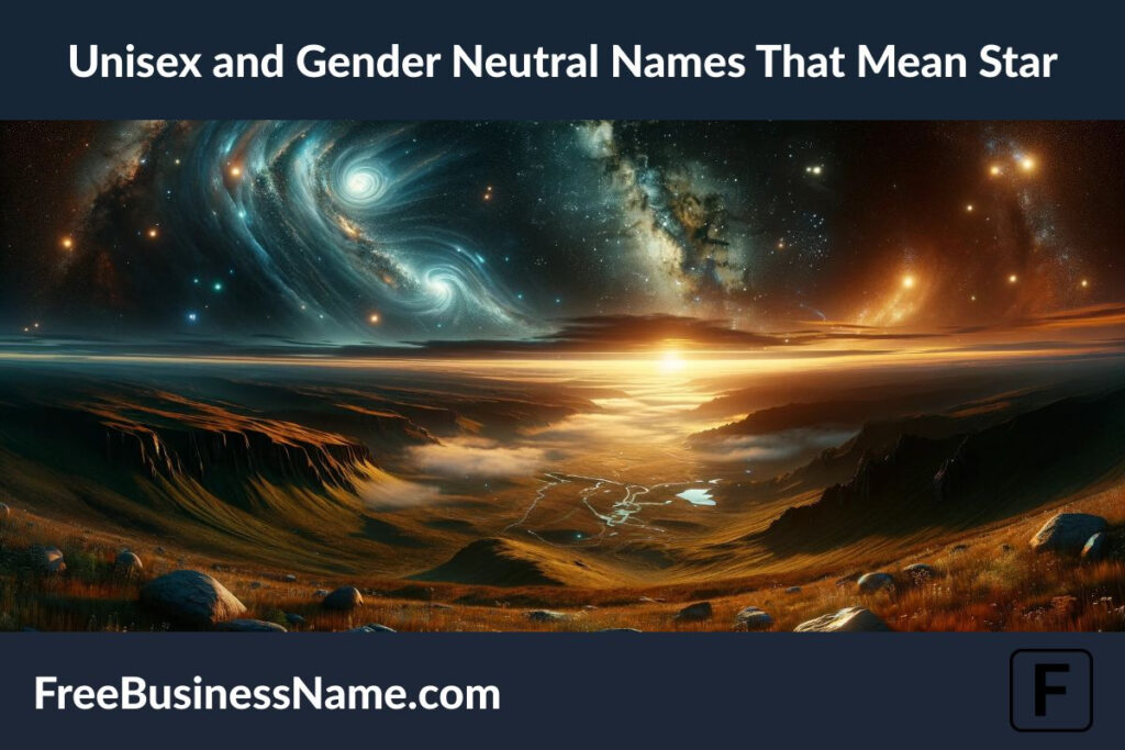 a cinematic image inspired by unisex and gender-neutral names that mean "star" is ready, capturing a landscape where the vastness of the universe echoes the beauty of the earth. This scene reflects the inclusivity and universality of these names, set against a backdrop that symbolizes boundless possibilities and diversity.
