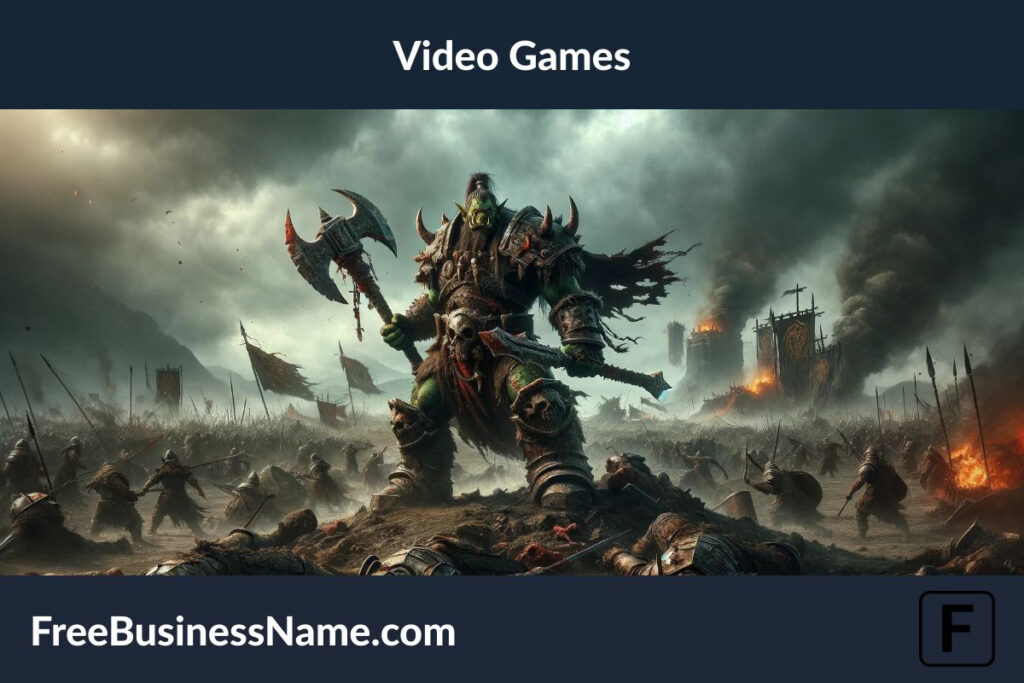 a cinematic image inspired by Orc-themed video games is ready. It captures a moment of triumph and intensity on a battlefield, embodying the epic scale and dramatic atmosphere typical of such games.