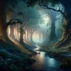 a cinematic image inspired by the mystical and adventurous world of Warrior Cats. The landscape captures the essence of a magical forest at dusk, filled with ethereal lights and shadows, providing a serene yet mysterious setting. It's a realm where the imagination can roam freely, imagining the silent paws of warrior cats on a quest through the underbrush.
