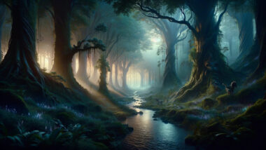 a cinematic image inspired by the mystical and adventurous world of Warrior Cats. The landscape captures the essence of a magical forest at dusk, filled with ethereal lights and shadows, providing a serene yet mysterious setting. It's a realm where the imagination can roam freely, imagining the silent paws of warrior cats on a quest through the underbrush.