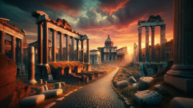 an image inspired by the essence of ancient Rome, capturing a majestic view of the Roman Forum at dusk. Feel free to explore the details and atmosphere that invite you into the historical marvel of Roman civilization.