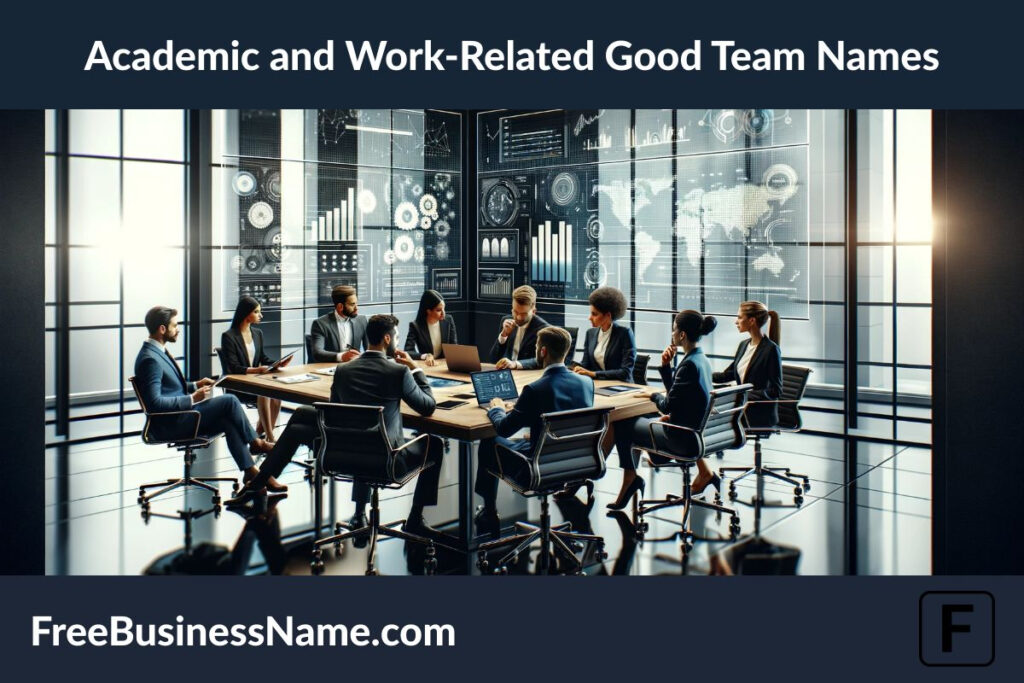 the cinematic image inspired by the "Academic and Work-Related Good Team Names" theme. The scene depicts a modern, collaborative work environment where professionals are engaged in thoughtful discussion and planning, highlighting effective teamwork.