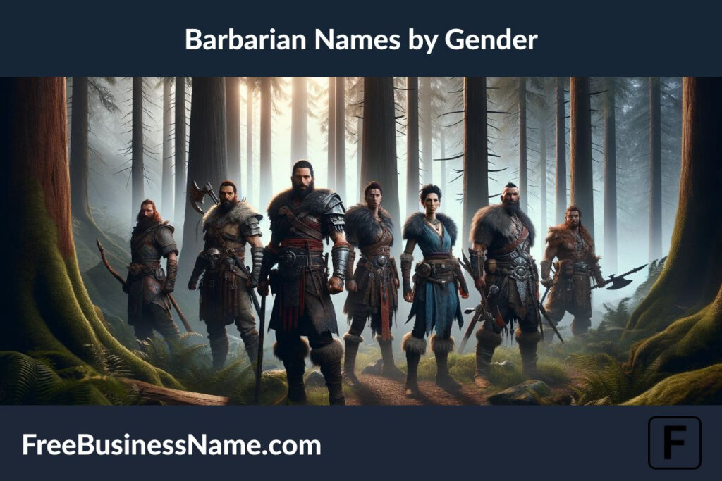 The cinematic image inspired by the diversity of barbarian warriors, capturing both male and female warriors in the heart of a mystical forest at dawn, has been created. It embodies the unity and individual prowess of these warriors amidst the untamed beauty of nature.