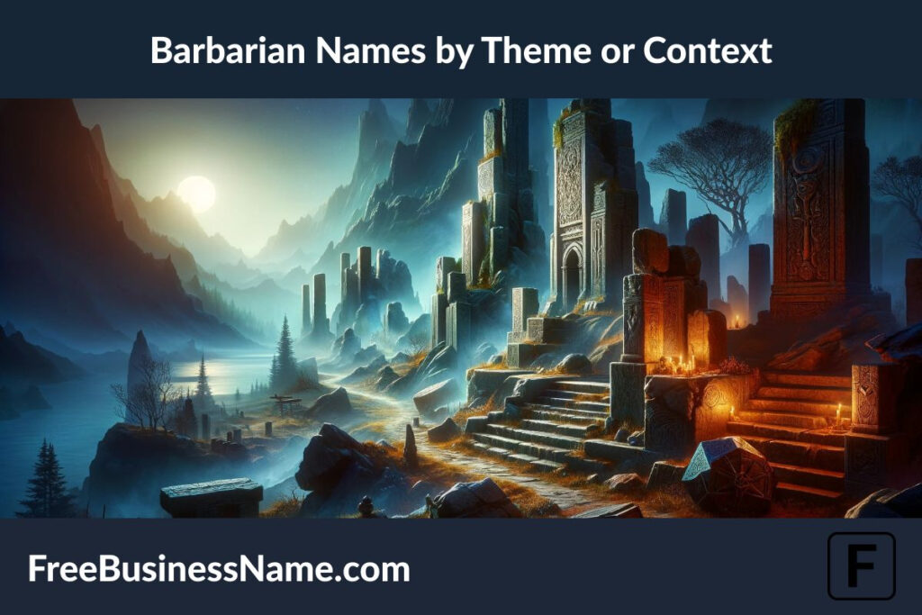 The cinematic image inspired by the themes and contexts associated with barbarian names has been created. It encapsulates a mystical threshold at the edge of civilization, where ancient stories and magic linger in the air.