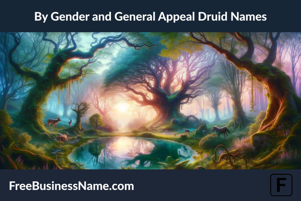 The image I've created embodies the harmony and universal appeal found within druid names, capturing a serene enchanted forest clearing where the magic of dawn light reveals a world balanced between masculine and feminine energies.