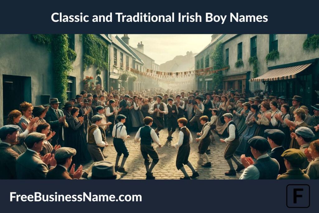 the cinematic image inspired by classic and traditional Irish boy names, depicting a lively festival in a traditional Irish village.