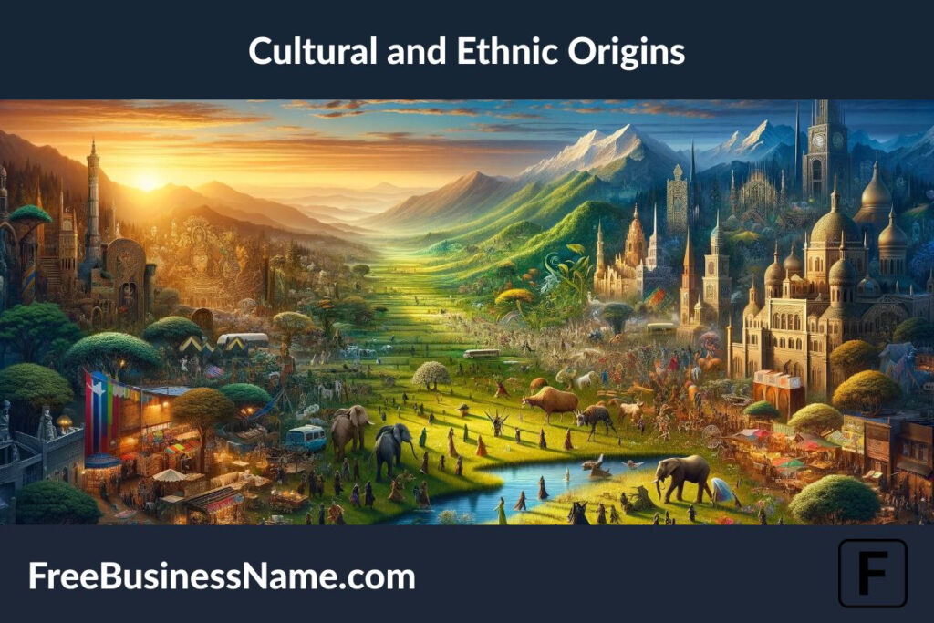 a cinematic image that brings to life the cultural and ethnic origins of boy names starting with K, blending landscapes and architectural elements from across the globe to symbolize diversity and unity.