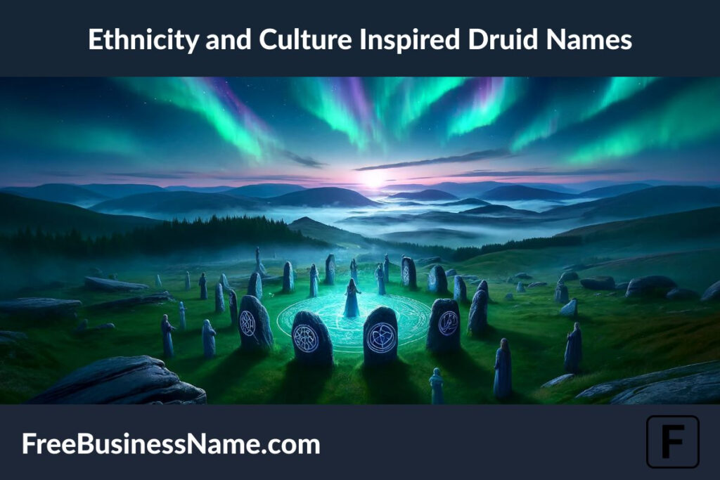 The image captures a mystical landscape at twilight, celebrating the diverse heritage and unity of ethnicity and culture-inspired druid names through a scene where various traditions and spiritualities converge.