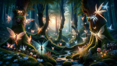 a cinematic image inspired by fairy names, capturing a mystical forest at twilight where whimsical fairies glow with ethereal light. Let your imagination soar through this magical realm.
