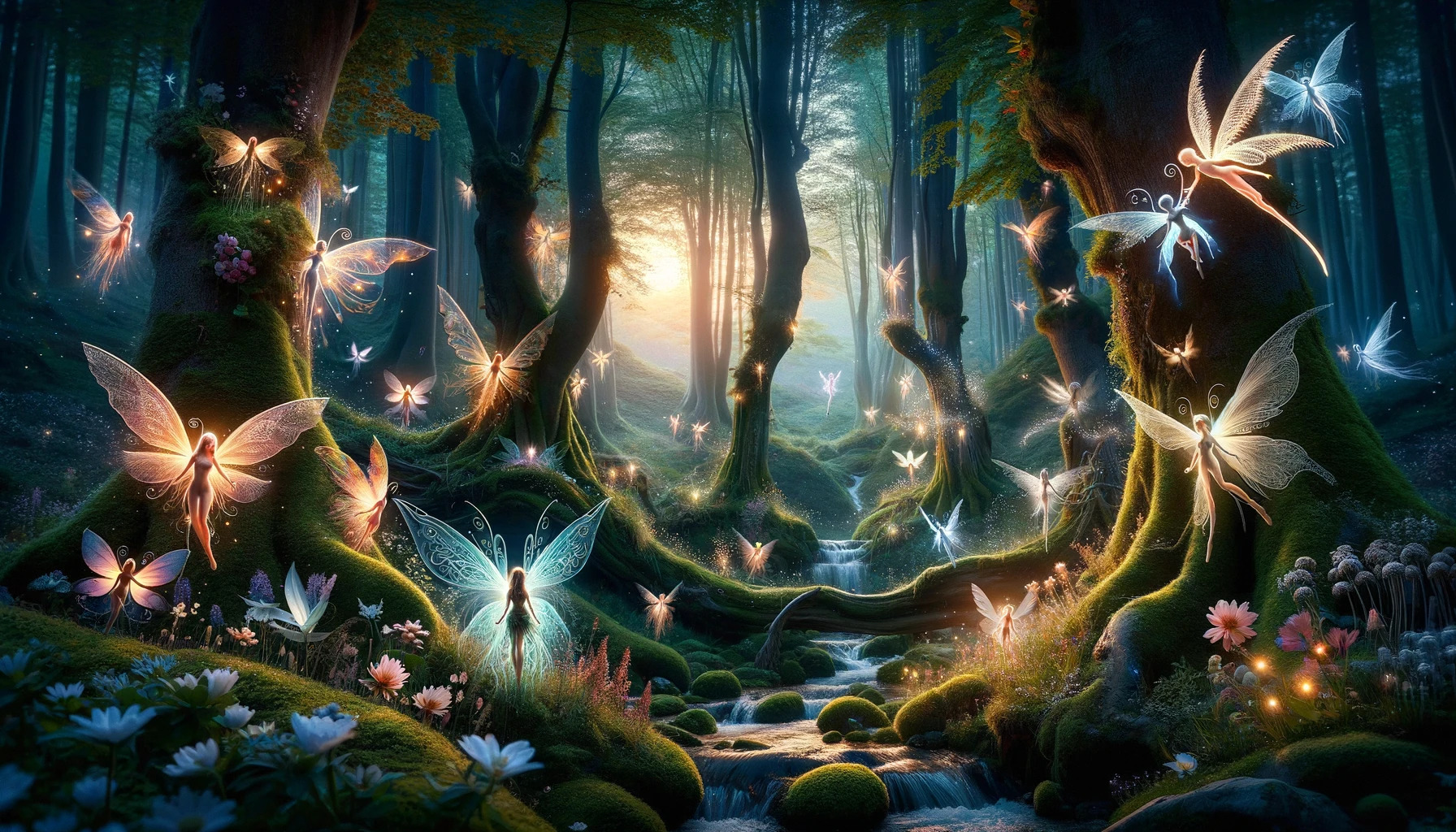 a cinematic image inspired by fairy names, capturing a mystical forest at twilight where whimsical fairies glow with ethereal light. Let your imagination soar through this magical realm.
