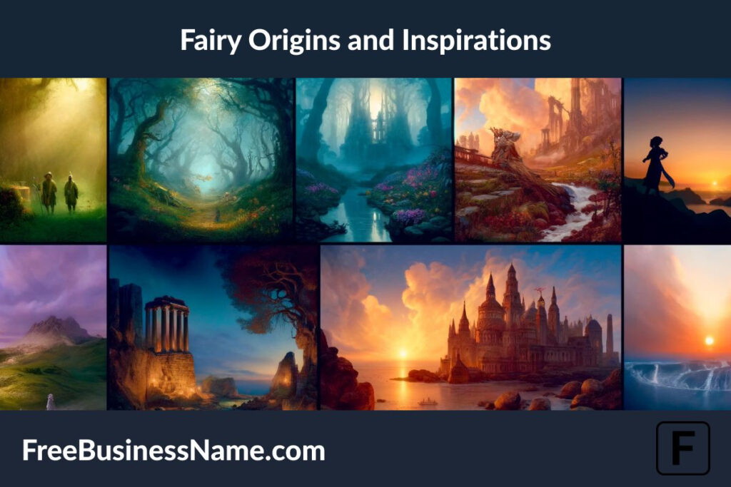 an image that weaves together the rich origins and inspirations of fairies from various cultures, showcasing ancient forests, mystical shorelines, and magical ruins.