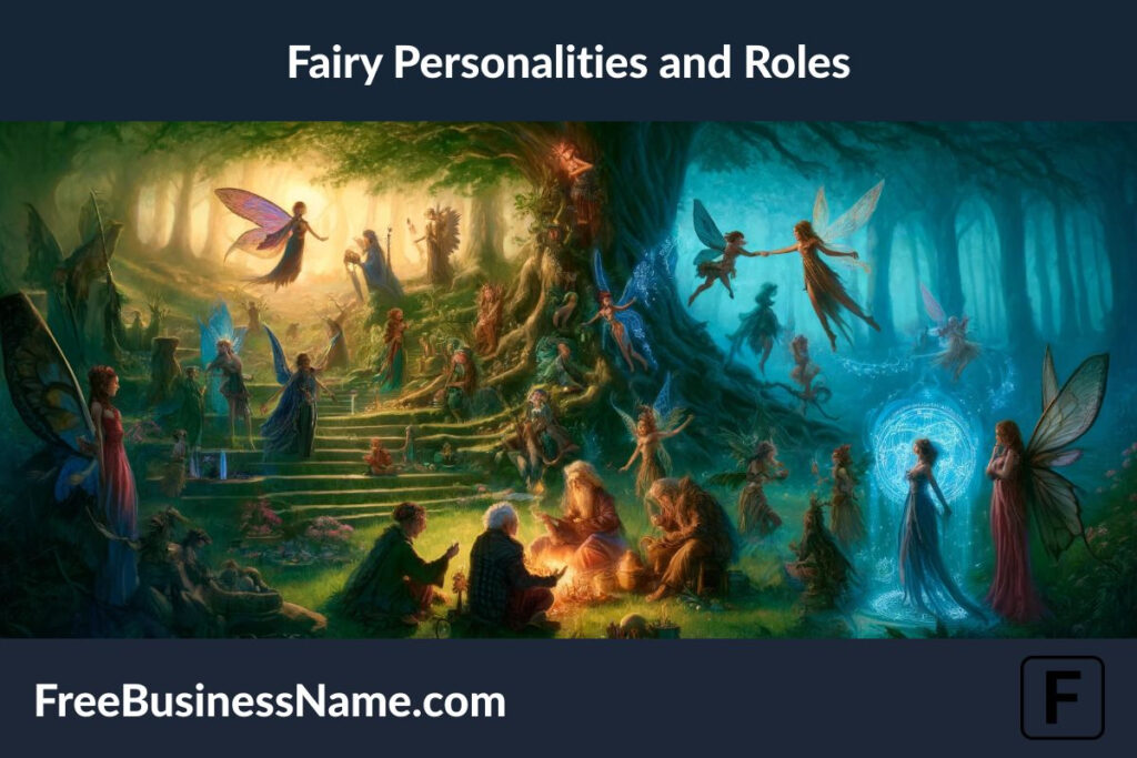 The cinematic image inspired by the diverse personalities and roles of fairies in their magical realm is ready, showcasing a lively scene set in an enchanting forest.