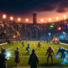 a cinematic image inspired by the fantasy football team names. It captures a grand scene on a fantasy football field, filled with a diverse cast of characters and elements that embody the whimsical and heroic spirit of the theme.