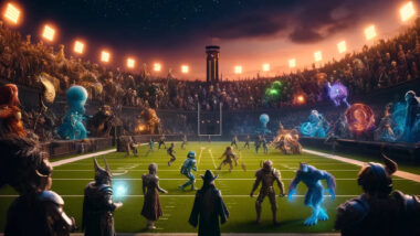 a cinematic image inspired by the fantasy football team names. It captures a grand scene on a fantasy football field, filled with a diverse cast of characters and elements that embody the whimsical and heroic spirit of the theme.
