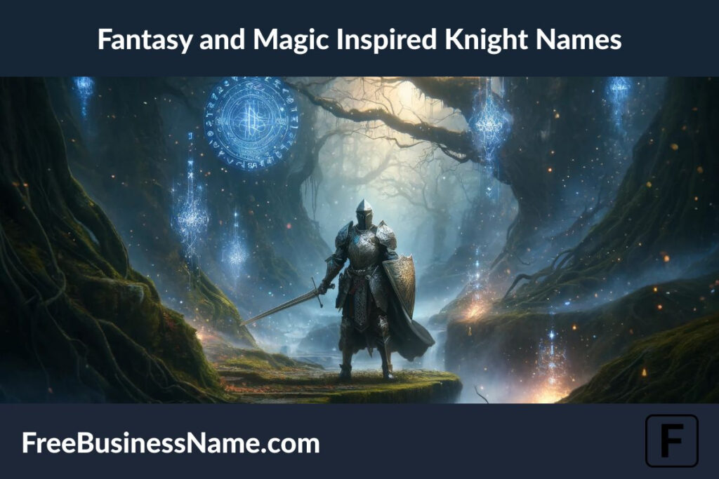 The image captures the essence of fantasy and magic, portraying a knight at the intersection of the mystical and the chivalrous. This scene embodies the adventurous spirit of knights whose names are drawn from the realms of fantasy, surrounded by the enchantment of a world beyond our own.