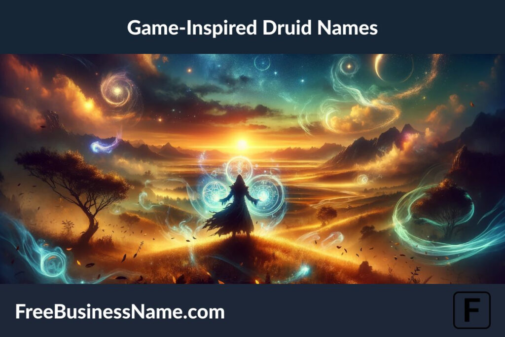 an image that captures the essence of game-inspired druid names, featuring a scene where the natural world meets the mystical, illuminated by the magic of a druid at dusk.